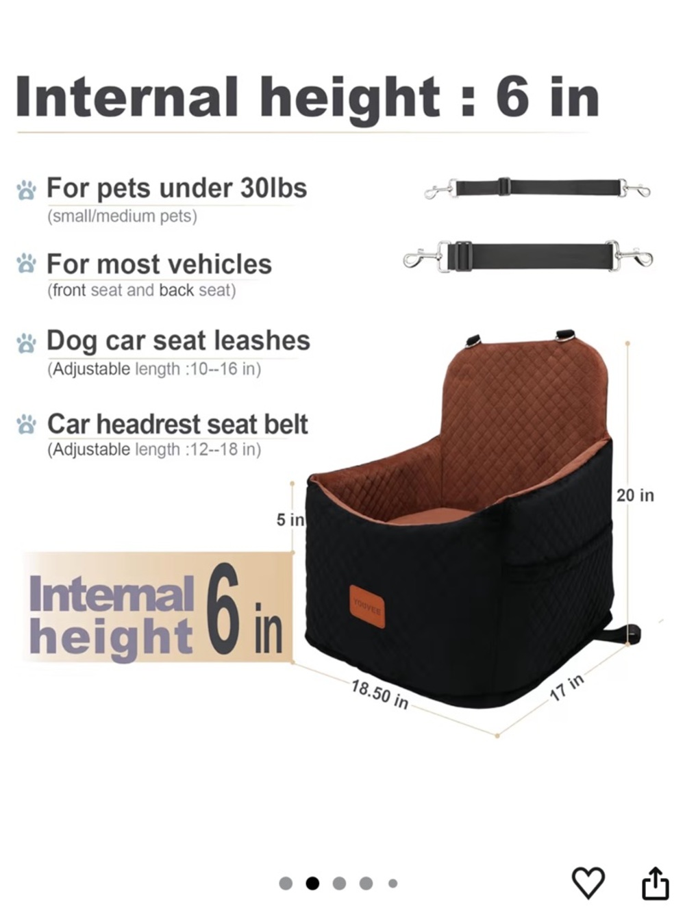 Black and brown plush dog booster travel car seat w/ extra high 6 “ cushion NEW - Picture 2 of 7